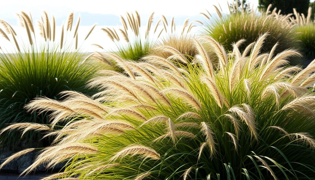 An ornamental grass garden in soft morning light, the blades gently swaying in a light breeze. The foreground features a lush, flowing mass of graceful, feathery plumes in shades of green, tan, and gold, their textures and shapes creating a captivating visual rhythm. In the middle ground, complementary ornamental grasses of varying heights and hues form drifts and clusters, adding depth and visual interest. The background is a serene landscape of distant hills or a tranquil body of water, further emphasizing the calming, naturalistic atmosphere. The lighting is soft and diffused, highlighting the delicate, wispy nature of the grasses and creating a sense of peace and tranquility.
