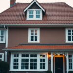 Brązowy dach białe okna jaka elewacja