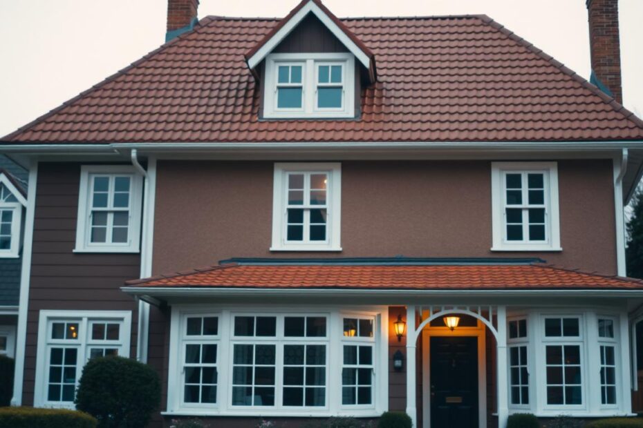 Brązowy dach białe okna jaka elewacja