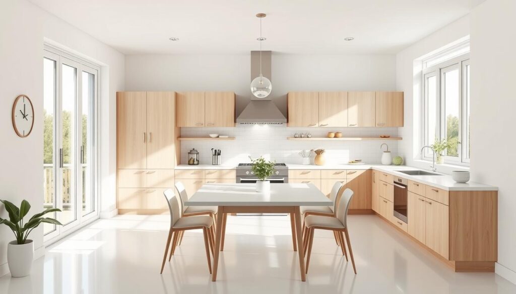 Bright, airy kitchen with clean, minimalist design. Soft white walls and light wood cabinets create an open, expansive feel. Large windows flood the space with natural light, creating the illusion of increased volume. Strategically placed task lighting and reflective surfaces, like stainless steel appliances and glossy tile backsplash, amplify the brightness. Sleek, low-profile furniture and carefully curated decor elements maintain a sense of visual lightness. Subtle, cool-toned color palette with pops of greenery evoke a calming, serene atmosphere. The overall composition emphasizes a cohesive, harmonious flow that visually enlarges the compact kitchen.