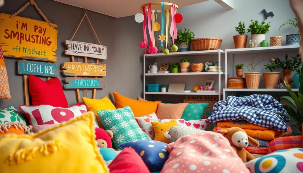 Colorful and whimsical accessories for a children's playhouse. In the foreground, a vibrant array of plush pillows, stuffed animals, and cozy blankets in a variety of patterns and hues. In the middle ground, a cluster of wooden signs, painted with cheerful motifs and inspiring messages. Hanging from the ceiling, a mobile of paper shapes and ribbons, casting playful shadows. In the background, shelves displaying an eclectic collection of trinkets, decorative baskets, and a few potted plants adding a touch of natural greenery. Soft, diffused lighting creates a warm, inviting atmosphere, perfect for imaginative play and cozy moments.