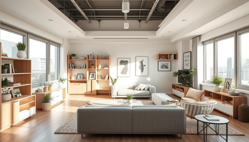 Compact and ergonomic layout of a modern, minimalist small apartment interior. Bright, airy space with natural light streaming through large windows. Furniture and decor arranged in a visually harmonious, space-optimizing way - streamlined shelving, transformable tables, modular seating. Clever storage solutions like hidden drawers and recessed alcoves. Neutral color palette with pops of pastel accents. Warm wooden accents and potted plants add organic touches. Carefully curated accessories and artwork create a cozy, lived-in atmosphere. Overhead studio lighting casts a soft, even glow across the room. Captured at a low, wide angle to emphasize the apartment's efficient, optimized spatial design.