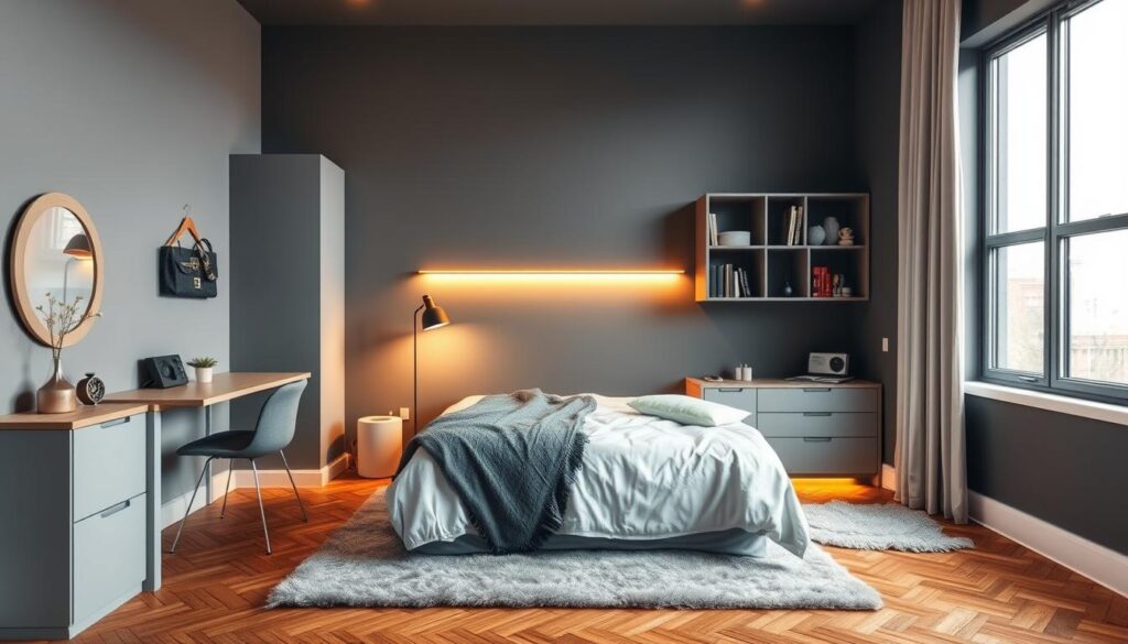 Cozy and functional bedroom for a young person, featuring a modern single bed with minimalist headboard, a compact desk with sleek design, and open shelving for storage and display. Warm indirect lighting casts a soft glow, creating a inviting ambiance. The color palette is muted, with shades of gray, white, and natural wood tones, complemented by pops of vibrant accent colors. Warm parquet flooring and a plush area rug anchor the space, while large windows allow natural light to flood in, making the compact room feel bright and airy.