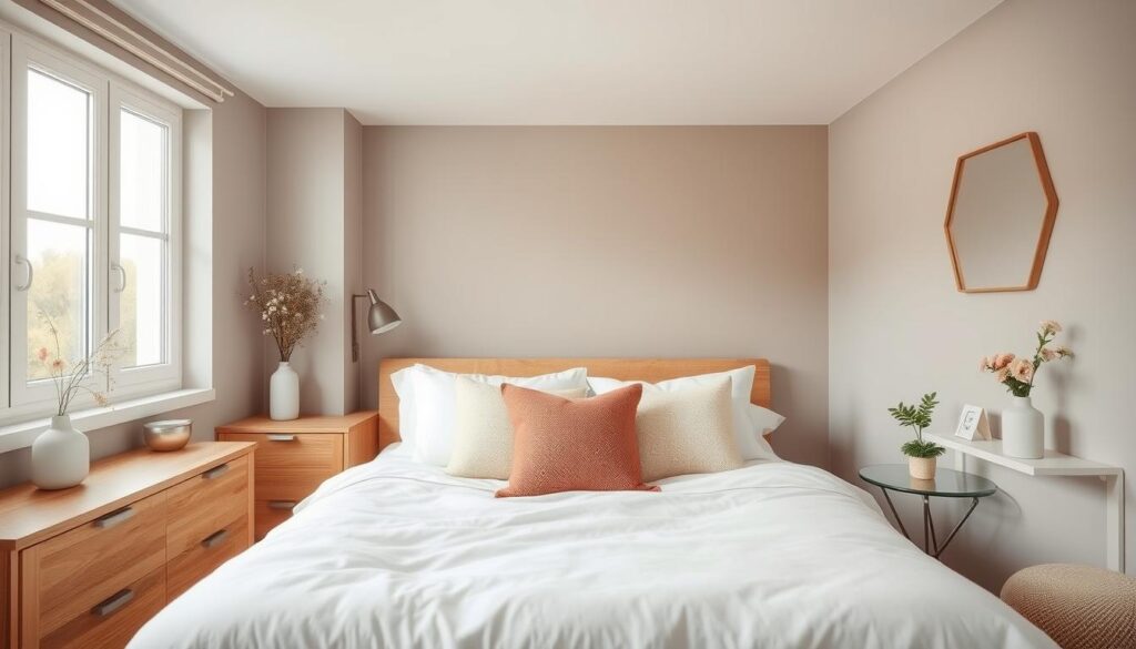 Cozy and inviting small bedroom in muted pastel tones. Soft lighting illuminates a plush bed with crisp white linens, complemented by textured throw pillows in complementary hues. Warm wood tones in the furniture create a harmonious, natural feel. Delicate floral accents and minimalist decor add pops of color, while large windows let in plenty of natural light. The overall atmosphere is calming and serene, perfect for a relaxing escape. Subtle Scandinavian design influences create a clean, uncluttered aesthetic.