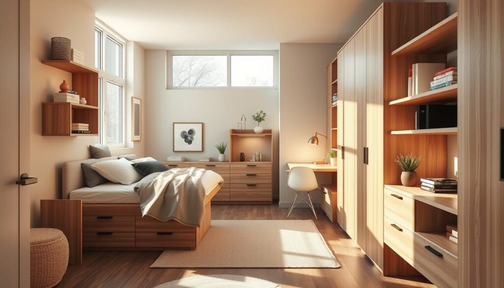 Cozy and organized small bedroom interior. Warm lighting casts soft shadows on minimalist furniture - a raised bed with built-in storage, a compact writing desk and shelving units maximizing vertical space. Soothing neutral color palette with accents of natural wood tones. Abundant yet clutter-free storage solutions, strategically placed to optimize every inch. Sunlight streams through large windows, creating a sense of openness and tranquility. Carefully curated decor pieces add personal touches, reflecting the owner's style. An efficient, thoughtfully designed sanctuary in a compact footprint.