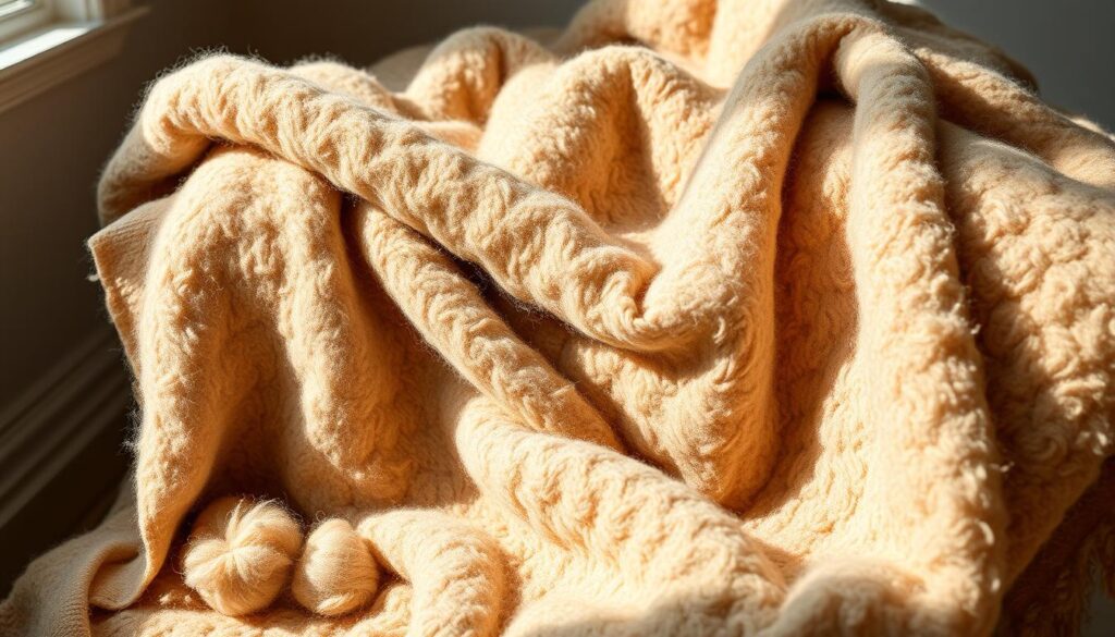 Delicate wool blanket artfully draped, showcasing its soft, cozy texture. Warm, earthy tones create a comforting ambiance. Diverse wool fibers - from silky merino to rugged sheepswool - are subtly highlighted, inviting tactile exploration. The scene is bathed in natural light, emphasizing the blanket's luxurious quality. Detailed close-up shots reveal the distinct characteristics of each wool type, allowing viewers to appreciate the nuances that make this blanket a true masterpiece of craftsmanship. An elegant, minimalist setting enhances the blanket's timeless appeal, capturing its essence as a cherished home essential.