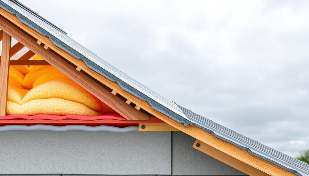 Detailed architectural cross-section of an effective roof thermal insulation system, showcasing the elimination of thermal bridges. The foreground depicts high-quality insulation materials strategically placed to maximize thermal efficiency, with precise installation techniques. The middle ground highlights the roof structure, including joists, rafters, and vapor barriers, all designed to minimize heat loss. The background features a serene, overcast sky, emphasizing the importance of proper insulation in maintaining a comfortable indoor climate. The entire scene is rendered with a technical, engineering-focused aesthetic, using precise lighting and camera angles to accentuate the structural details.
