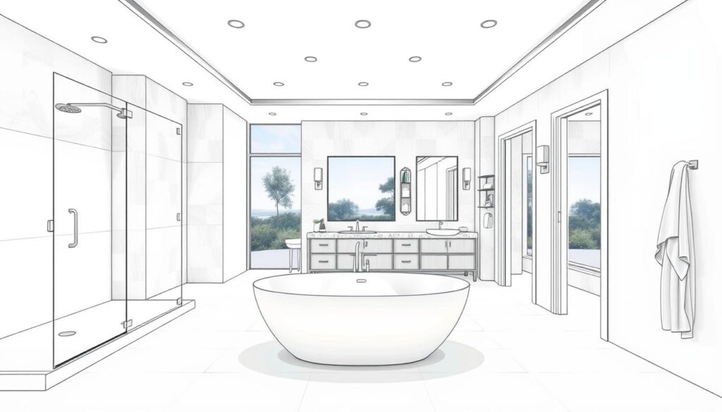 Detailed architectural drawing of a modern bathroom interior, featuring a sleek, minimalist design. The foreground showcases a large, freestanding bathtub placed in the center, with a frameless glass shower enclosure on the left. The middle ground includes a vanity with a stone countertop and integrated sinks, flanked by cabinets and shelving for storage. The background depicts the tiled walls and floor, with a large window overlooking a serene outdoor scene. The lighting is a mix of recessed ceiling fixtures and sconces, creating a warm, inviting ambiance. The overall composition emphasizes clean lines, neutral color palette, and high-end, luxurious materials, reflecting a professional, thoughtfully-designed bathroom space.