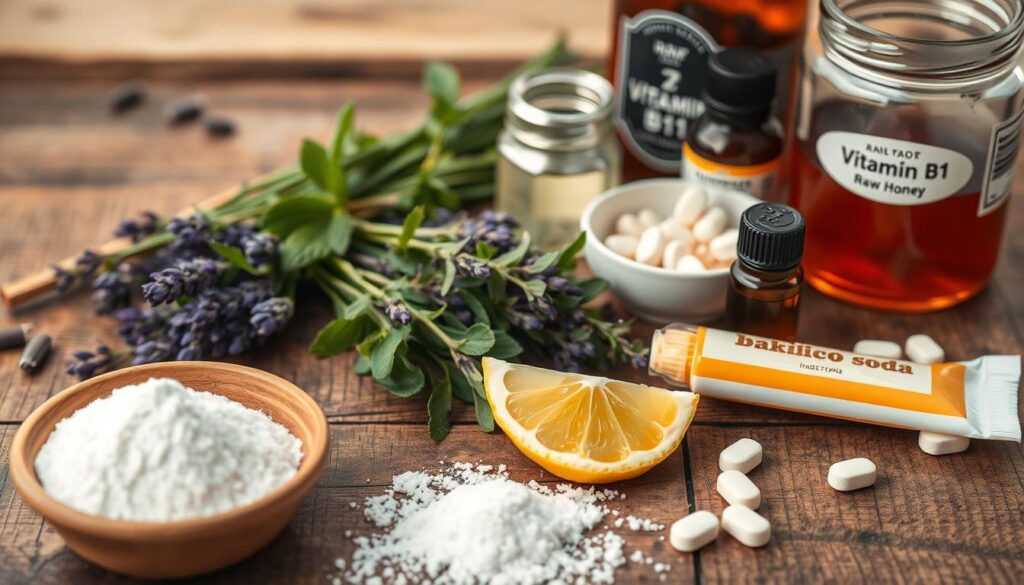 Detailed close-up of various home remedies for dealing with mosquito bites, arranged neatly on a rustic wooden table. In the foreground, a small bowl of baking soda, a slice of lemon, and a tube of hydrocortisone cream. In the middle ground, sprigs of fresh herbs like lavender and mint, alongside a small jar of essential oil. In the background, a jar of raw honey and a few crushed tablets of vitamin B1. The lighting is soft and natural, highlighting the natural, organic nature of the remedies. The overall mood is soothing and inviting, conveying a sense of simple, effective solutions to a common summertime annoyance.