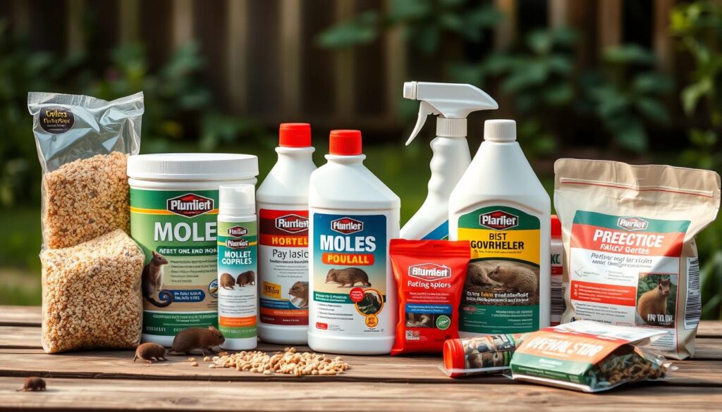 Detailed close-up shot of various granulated and liquid pest control products against moles, voles, and gophers, including branded insecticide granules, repellent sprays, and baited traps, arranged neatly on a natural wooden surface with a soft, natural lighting from the left side, creating a sense of efficacy and professionalism, with a muted, earthy color palette to convey the garden setting.