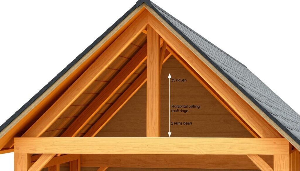 Detailed cross-section diagram of a single-pitched roof structure, showcasing the roof pitch angle or roof slope. The scene features a cutaway view exposing the internal framing, including the angled rafters and horizontal ceiling joists. Accurate technical rendering with precise dimensions, materials, and construction details. Warm, natural lighting illuminates the wooden beams and shingles, conveying a sense of craftsmanship and functional design. The image should provide a clear, informative visual reference for understanding the key parameters of roof pitch and their significance in the placement of roof trusses.