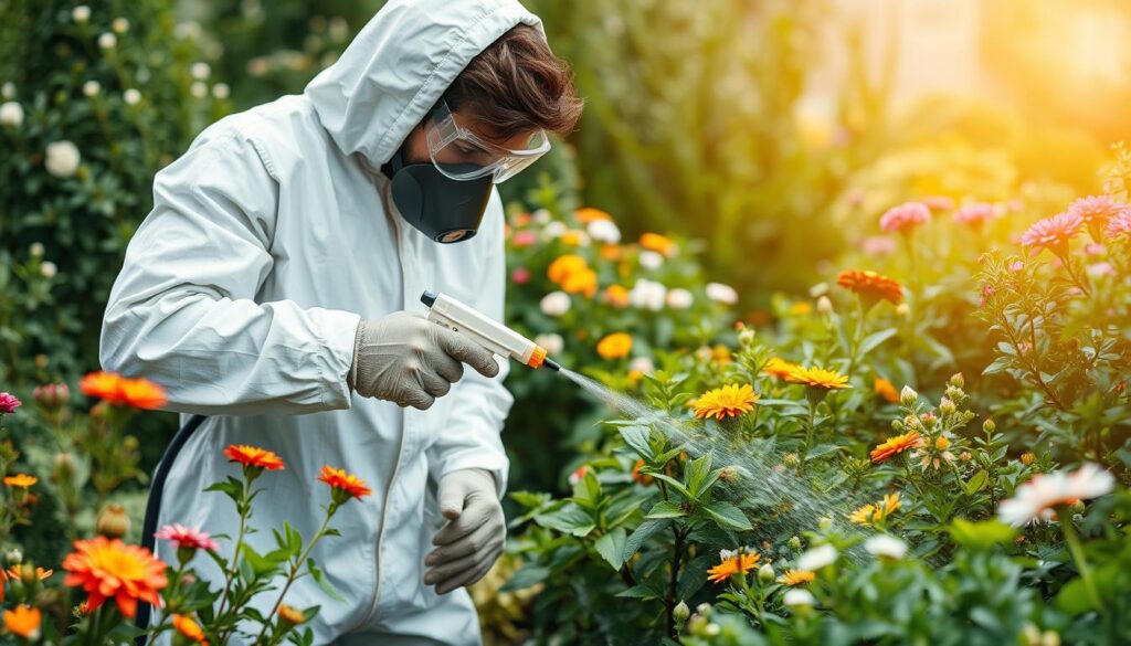 Detailed image of a person in a protective suit carefully spraying an insecticide on plants in a garden. The person is wearing a respirator mask, goggles, and rubber gloves. The garden is lush with greenery, showcasing various flowering plants and shrubs. Soft, diffused lighting illuminates the scene, creating a sense of safety and control. The composition highlights the importance of proper protective equipment and safe application techniques when using chemical pesticides in the home garden.