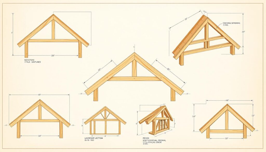 Detailed technical schematic showcasing various dimensions and properties of wooden roof trusses. Precise engineering diagrams displaying different truss designs, cross-sectional views, and key measurements such as span, height, and angle. Realistic illustrations of common softwood and hardwood species used in construction, with accurate textures and grains. Warm, neutral lighting that highlights the structural elements and material textures. Crisp, technical illustration style with clean lines and minimal background to focus attention on the subject matter. Compositional layout that facilitates easy visual analysis and understanding of the technical specifications.