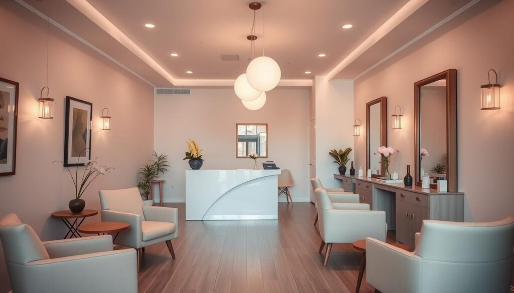Elegant and cozy interior of a small, modern beauty salon. Spacious, well-lit room with soft, warm lighting from hanging pendant lamps. Minimalist furniture - sleek white reception desk, comfortable armchairs, and wooden side tables. Pastel-colored walls adorned with framed artwork and mirrors. Strategically placed potted plants and floral arrangements add a touch of nature. Clean, organized salon stations with professional-grade equipment and supplies. Overall, a serene and inviting atmosphere to provide clients with a relaxing and luxurious pampering experience.