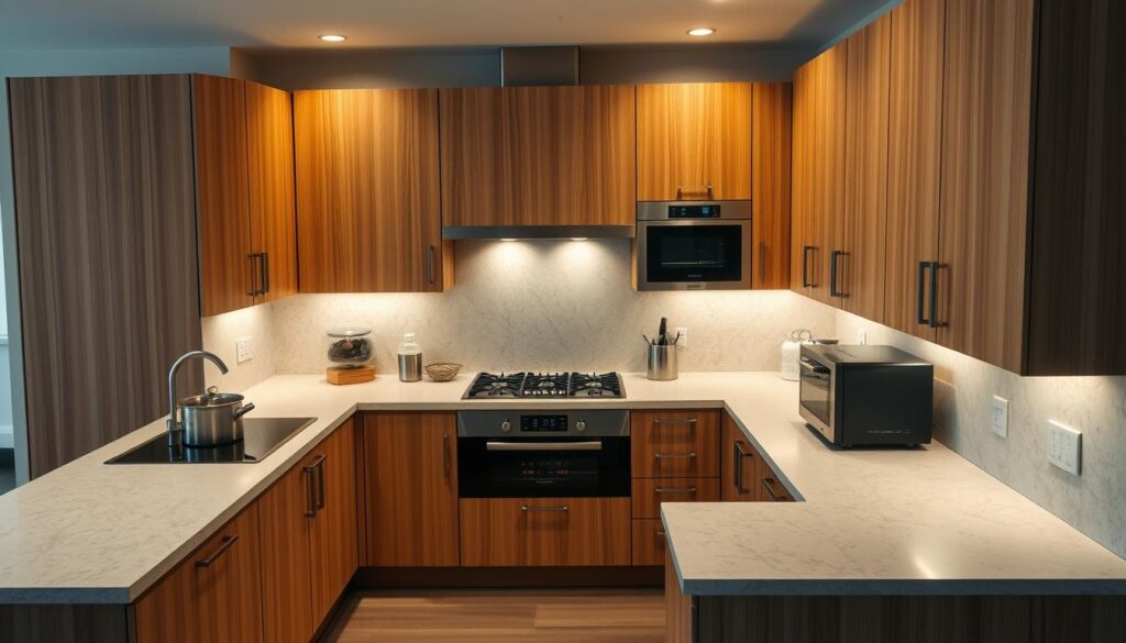 High-quality kitchen furniture arrangement, showcasing a modern, minimalist design. An elegant, L-shaped kitchen layout with sleek, handleless cabinet doors in a warm, wood-like finish. Spacious countertops made of light, natural stone complementing the cabinetry. Strategically placed task lighting illuminates the workspace, creating a welcoming, functional ambiance. The scene is shot from a slight angle, capturing the kitchen's harmonious flow and seamless integration of appliances. The overall atmosphere exudes a sense of sophistication and culinary inspiration, suitable for a magazine-worthy kitchen feature. High-quality kitchen furniture arrangement, showcasing a modern, minimalist design. An elegant, L-shaped kitchen layout with sleek, handleless cabinet doors in a warm, wood-like finish. Spacious countertops made of light, natural stone complementing the cabinetry. Strategically placed task lighting illuminates the workspace, creating a welcoming, functional ambiance. The scene is shot from a slight angle, capturing the kitchen's harmonious flow and seamless integration of appliances. The overall atmosphere exudes a sense of sophistication and culinary inspiration, suitable for a magazine-worthy kitchen feature.