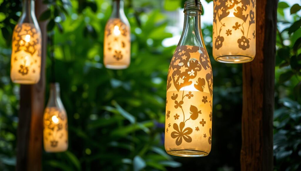 Intricate garden lanterns crafted from repurposed plastic bottles, casting a warm glow amidst a lush, verdant backdrop. Delicate paper cutouts adorn the bottle surfaces, creating captivating patterns that dance in the gentle breeze. Soft, diffused lighting emanates from within, illuminating the translucent bottles and casting whimsical shadows across the surrounding foliage. The lanterns are suspended from rustic wooden posts, blending seamlessly with the natural environment. This scene exudes a sense of tranquility and environmental consciousness, inviting the viewer to appreciate the beauty of sustainable upcycling.