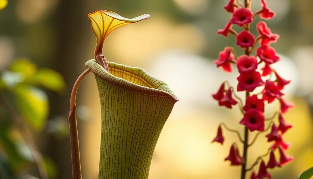 Karakterystyka kuflika: a detailed still life showcasing the distinctive features of a garden pitcher plant. In the foreground, a large, waxy green pitcher with prominent veining and a wide, open maw stands prominently. The middle ground features vibrant, crimson-hued petals arranged in a lush, cascading display. The background is a soft, out-of-focus natural setting, evoking a serene, woodland atmosphere. Warm, diffused lighting casts a gentle glow, accentuating the plant's textures and colors. The composition is balanced, drawing the viewer's eye to the central pitcher and its captivating floral accents. This image aims to capture the unique botanical characteristics that make the kuflik a striking addition to the garden.