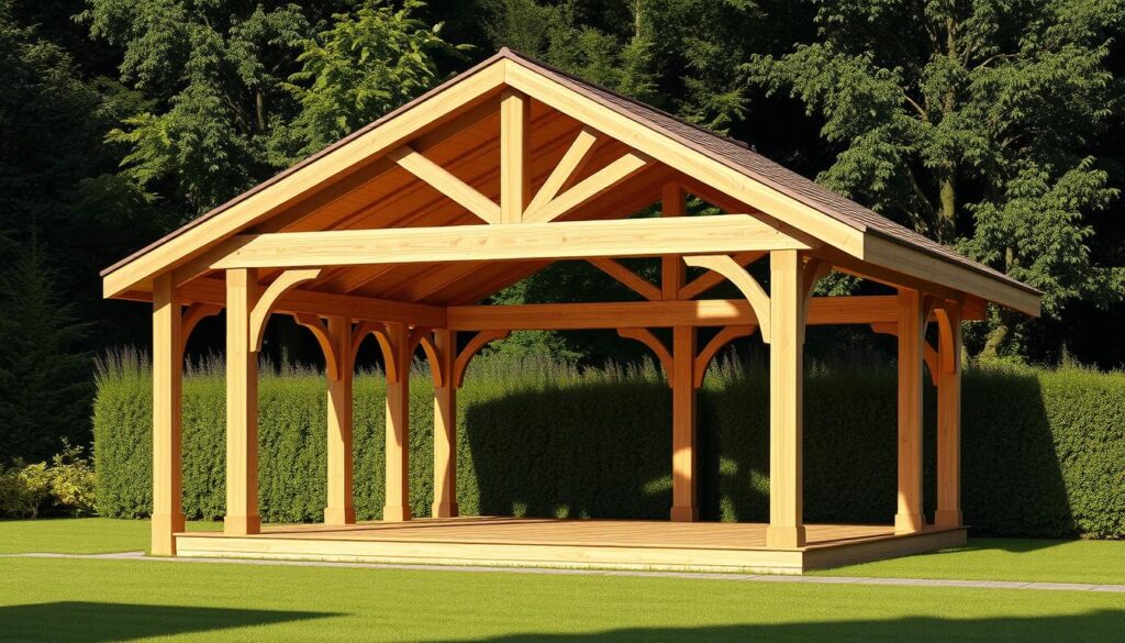 Konstrukcja altanki - a detailed architectural rendering showcasing the intricate design of a garden pavilion. A classic wooden frame structure with elegant columns and a pitched roof, set against a backdrop of lush greenery. Warm, natural lighting casts soft shadows, highlighting the robust timber construction and the harmonious interplay of geometric shapes. The overall aesthetic evokes a sense of timeless elegance and rustic charm, perfectly suited for the "Dach altanki jak zrobić – instrukcja i inspiracje." article's section on "Konstrukcja altanki — typy altan i dopasowanie dachu do stylu".