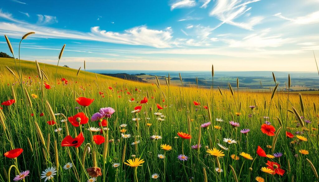 Lush meadow of vibrant wildflowers, bathed in warm afternoon sunlight. A verdant tapestry of tall grasses, poppies, daisies, and buttercups sway gently in a soft breeze. The foreground bursts with colorful blooms, while the middle ground reveals a sweeping vista of rolling hills and a distant horizon. Overhead, wispy clouds drift across a clear, azure sky. The scene exudes a sense of tranquility and natural harmony, inviting the viewer to pause and immerse themselves in the beauty of this untamed, flourishing landscape.