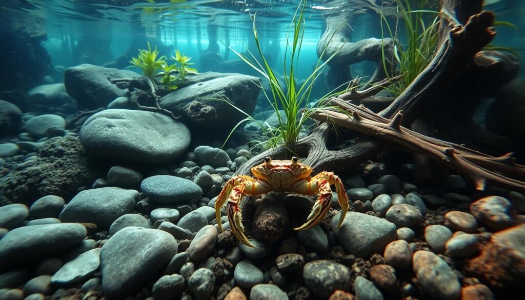 Lush, underwater seascape with intricate seafloor substrate for a crab. Smooth, rounded river rocks and natural driftwood create a cozy, naturalistic habitat. Soft, diffused lighting filters through the water, casting gentle shadows. Wispy aquatic plants sway in the current, providing hiding spots and shelter. The scene exudes a tranquil, serene atmosphere, perfect for a thriving crab community. Captured with a wide-angle lens to showcase the depth and detail of the carefully curated environment.