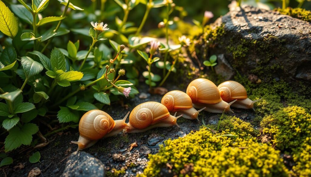 Lush, verdant garden scene with a focal point of several edible snails (Helix pomatia) slowly crawling across the moist soil. The snails have a smooth, light brown shell and plump, glistening bodies. Surrounding them are vibrant green leaves, delicate wildflowers, and damp moss-covered rocks, creating a serene, naturalistic atmosphere. Warm, diffused sunlight filters through the foliage, casting soft shadows and highlighting the textures. The overall composition draws the viewer's attention to the captivating details of these edible gastropods native to Poland.