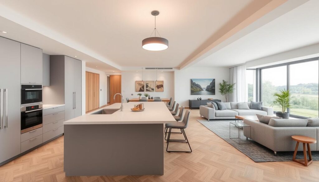 Planowanie przestrzeni - a meticulously designed open-concept kitchen and living room. In the foreground, a sleek kitchen island with modern appliances and minimalist cabinets. Overhead, a pendant light casts a warm glow, illuminating the space. In the middle ground, a spacious seating area with comfortable sofas and a large coffee table, creating a cohesive flow between the kitchen and living room. The background features large windows, allowing natural light to flood the room and showcasing a beautiful outdoor view. The overall atmosphere is one of harmony, functionality, and thoughtful spatial planning.