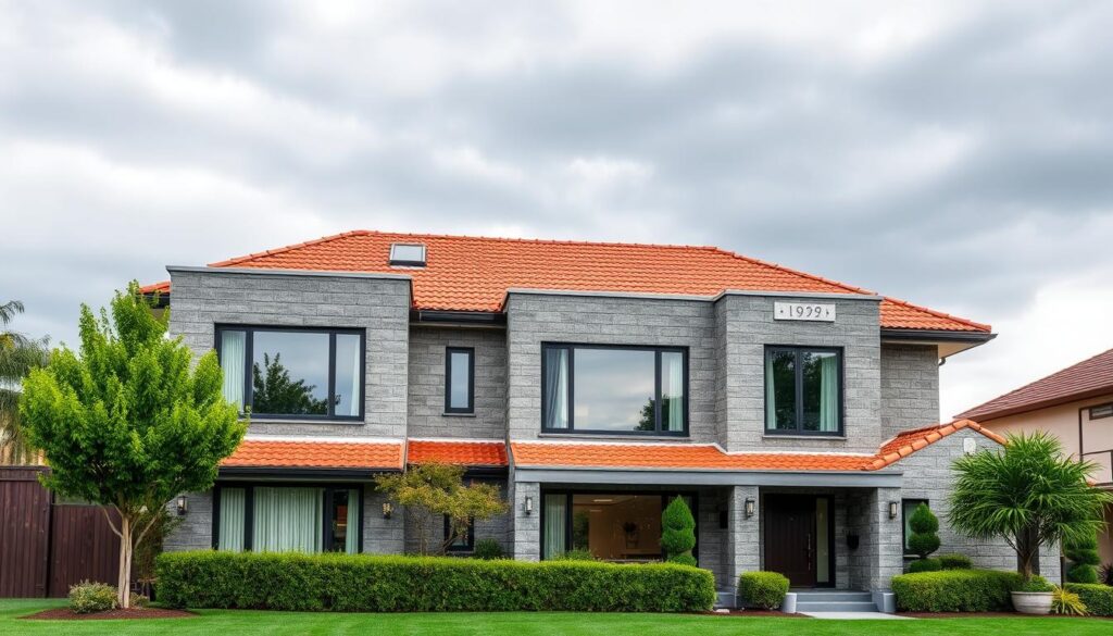 Prompt A stately residential building with a warm, earthy brown tile roof stands proudly against a grayish-blue sky. The facade features a harmonious blend of cool-toned gray stone or concrete panels, creating a modern and sophisticated aesthetic. Large windows with clean, minimalist frames punctuate the facade, allowing natural light to flood the interior. Landscaping elements like neatly trimmed hedges or potted plants frame the entrance, adding a touch of natural elegance. The overall composition conveys a sense of timeless elegance and architectural balance, making it an ideal pairing for the rich, brown roof.