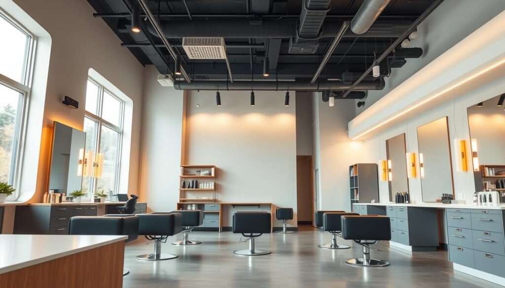 Prompt A well-designed salon interior with a sleek, modern aesthetic. The space is organized with clear zones for different functions - a central cutting area with stylish salon chairs, a reception desk, and storage areas for tools and products. Soft, warm lighting illuminates the space, creating a relaxing ambiance. Large windows allow natural light to filter in, giving the salon a bright, airy feel. The color palette features muted tones of grey, white, and natural wood accents, conveying a sense of professionalism and sophistication. Strategically placed mirrors maximize the perception of space, while ergonomic workstations ensure comfort and efficiency for both stylists and clients. Prompt A well-designed salon interior with a sleek, modern aesthetic. The space is organized with clear zones for different functions - a central cutting area with stylish salon chairs, a reception desk, and storage areas for tools and products. Soft, warm lighting illuminates the space, creating a relaxing ambiance. Large windows allow natural light to filter in, giving the salon a bright, airy feel. The color palette features muted tones of grey, white, and natural wood accents, conveying a sense of professionalism and sophistication. Strategically placed mirrors maximize the perception of space, while ergonomic workstations ensure comfort and efficiency for both stylists and clients.