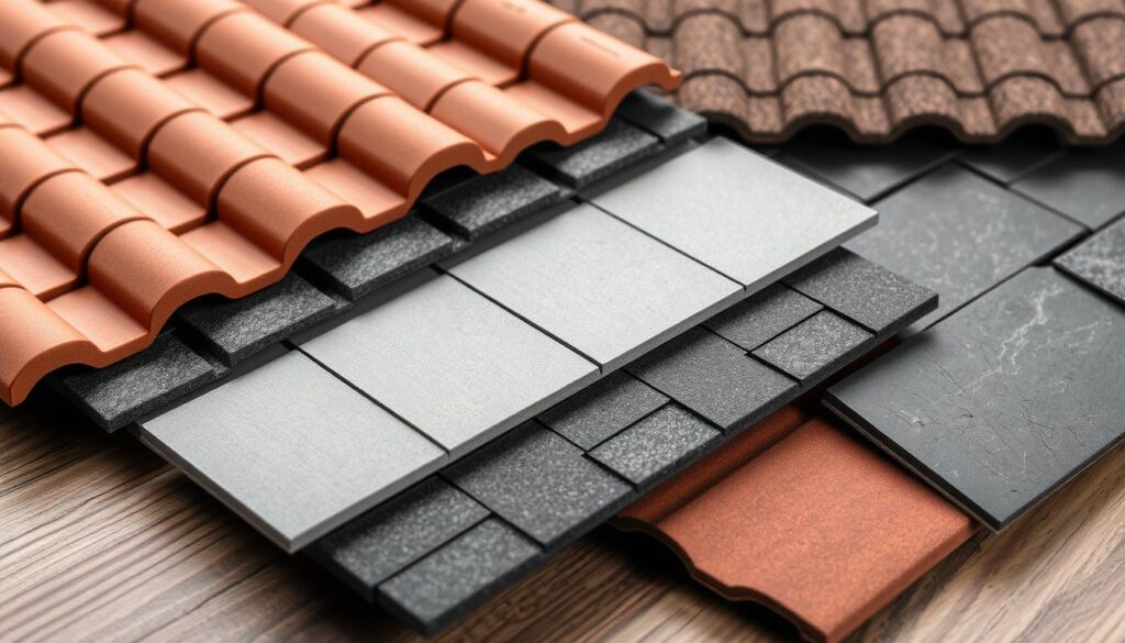 Rooftop materials cost breakdown: A detailed close-up of various roofing materials, including clay tiles, metal shingles, asphalt shingles, and slate, arranged neatly on a wooden surface. The materials are well-lit, showcasing their textures and colors in a clean, professional studio setting. The composition highlights the differences in price, durability, and aesthetic appeal of each option, providing a comprehensive visual reference for homeowners considering a roof replacement.