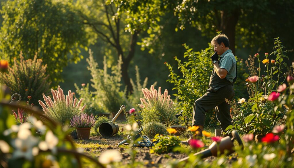 Tranquil garden scene on a May 1st holiday, with a pensive gardener contemplating common gardening myths and misconceptions. Soft, hazy lighting filters through lush greenery, casting warm shadows across the landscape. A variety of plants, flowers, and tools are scattered throughout the foreground, hinting at the gardener's dilemma. The figure stands thoughtfully, lost in consideration, against a backdrop of blooming flora and subtle, atmospheric details that evoke a sense of tradition and contemplation. Photorealistic, cinematic composition with a shallow depth of field, capturing the essence of the "Najczęstsze wątpliwości i mity dotyczące pracy w ogrodzie w święta" theme.