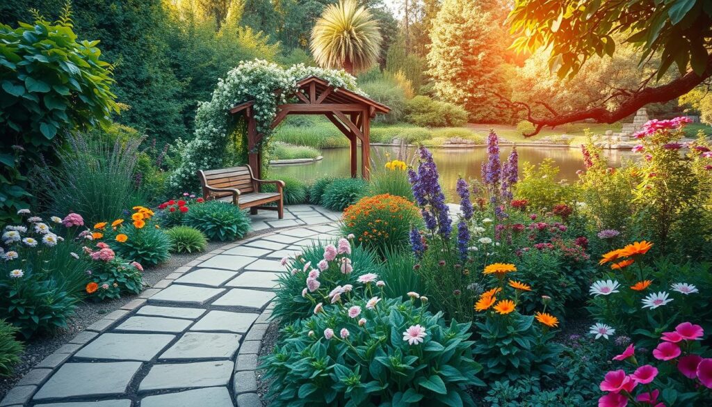 A beautifully landscaped garden with lush greenery, vibrant flowers, and a cozy seating area. In the foreground, an ornamental stone pathway winds through a carefully curated selection of plants, from delicate blooms to neatly trimmed shrubs. The middle ground showcases a charming gazebo with a rustic wooden frame, nestled amidst a harmonious arrangement of perennials and flowering vines. In the background, a tranquil pond reflects the surrounding foliage, creating a serene and inviting atmosphere. The lighting is warm and natural, casting a soft glow over the scene. The overall composition evokes a sense of tranquility, inviting the viewer to imagine themselves in this idyllic outdoor oasis.
