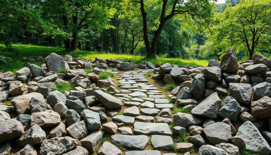 A breathtaking landscape showcases the artful arrangement of stones in a captivating garden setting. In the foreground, a carefully curated collection of rocks in various shapes and sizes creates a visually striking skalniák, or rock garden. The middle ground features a meandering path made of irregularly shaped stones, leading the viewer through the tranquil scene. In the background, a lush, verdant backdrop provides a natural canvas, with dappled sunlight filtering through the foliage and casting gentle shadows across the stone formations. The overall composition conveys a sense of harmony, balance, and a deep appreciation for the natural beauty of these geological elements. The image should be captured with a wide-angle lens to provide a panoramic view, highlighting the skill and artistry involved in the "techniki układania kamieni," or techniques of stone arrangement.