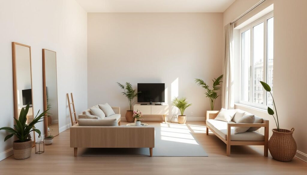 A bright, airy studio apartment filled with natural light streaming through large windows. The walls are painted in a soft, neutral color scheme of beige and light grey, creating an illusion of spaciousness. Carefully placed mirrors strategically reflect the light, further expanding the visual perception of the room. Minimalist, low-profile furniture in pale wood tones occupy the foreground, their clean lines and slender profiles making the space feel open and uncluttered. Potted plants and natural textures, such as woven baskets and linen curtains, add warmth and a sense of airiness. The overall atmosphere is serene, calming, and effortlessly stylish, exemplifying how clever use of color, lighting, and spatial arrangement can optically enhance a compact living environment.