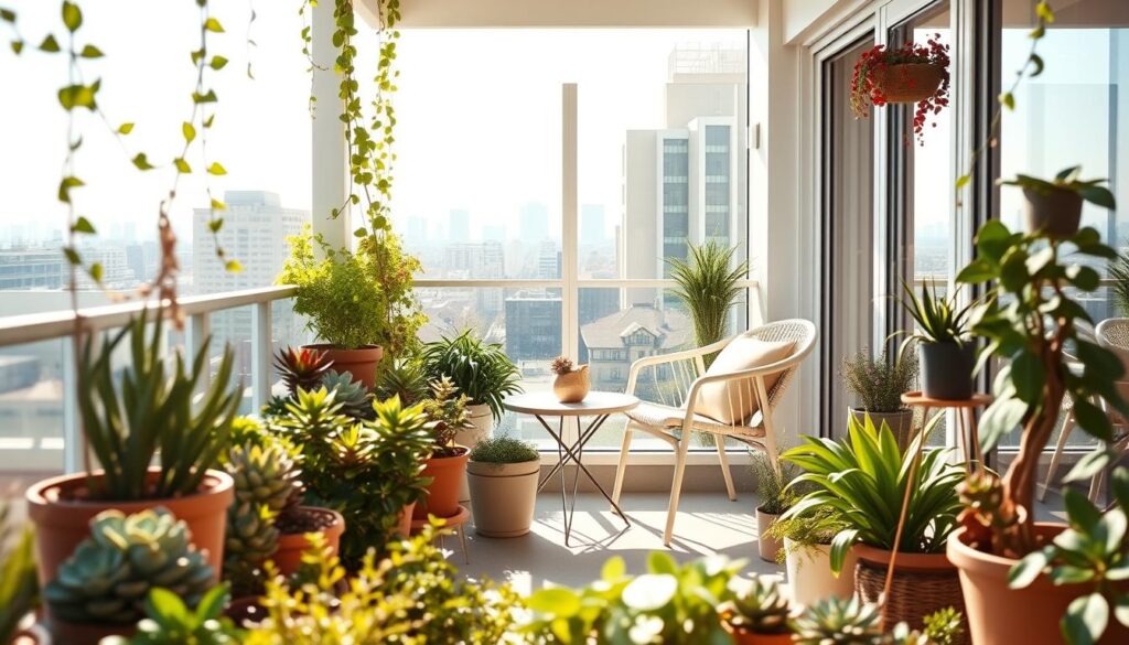 A bright, sun-drenched balcony with a warm, inviting atmosphere. The foreground features an array of potted plants, succulents, and trailing vines, creating a lush, verdant oasis. The middle ground showcases a minimalist, Scandinavian-inspired patio set with a small table and two comfortable chairs, bathed in soft, natural light. In the background, the balcony's expansive glass panels reflect the surrounding cityscape, creating an illusion of depth and space. The overall composition emphasizes the use of light, color, and carefully curated decor to visually enhance the perception of a larger, more open and airy balcony.