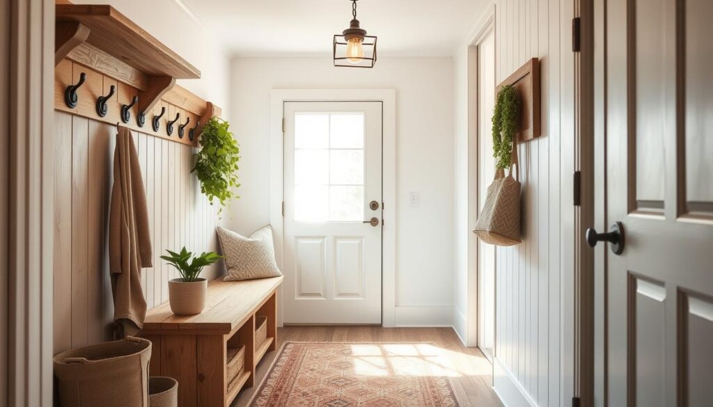 A charming and inviting small entryway, showcasing a well-designed mudroom with a rustic, farmhouse-inspired aesthetic. The wooden bench and hooks provide ample storage and organization, complemented by decorative elements like a lush potted plant, a cozy rug, and a vintage-inspired light fixture that casts a warm, ambient glow. The neutral color palette, accented by natural wood tones and muted hues, creates a calming and harmonious atmosphere. Sunlight streams in through a window, illuminating the space and adding a touch of airiness. The overall composition invites visitors to pause, remove their shoes, and feel welcomed into the home.