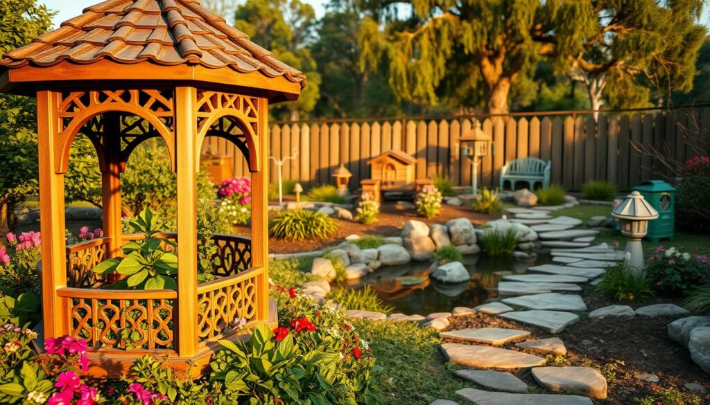 A charming, rustic garden landscape featuring a variety of small architectural elements. In the foreground, a quaint wooden gazebo with intricate latticework and a tiled roof, surrounded by lush greenery and colorful flowering plants. The mid-ground showcases a stone pathway winding through a tranquil water feature, with a small bridge and ornamental birdhouse. In the background, glimpses of a wooden fence and mature trees create a serene, natural backdrop. The scene is bathed in warm, golden afternoon light, casting soft shadows and creating a cozy, inviting atmosphere. Captured with a wide-angle lens to emphasize the depth and scale of the small-scale architectural features within the garden setting.