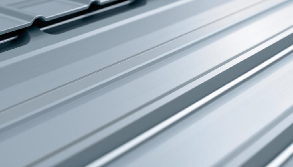 A close-up of a professional-grade metal roofing system, showcasing a high-quality galvanized steel surface with a premium two-component (2K) coating. The image highlights the sleek, uniform finish of the coated steel, conveying a sense of durability and weatherproofing. The lighting is soft and directional, accentuating the smooth texture and subtle metallic sheen of the material. The angle is slightly elevated, providing a detailed view of the surface's intricate patterns and the precision of the coating application. The overall mood is one of sophistication and technical excellence, befitting a premium roofing solution.