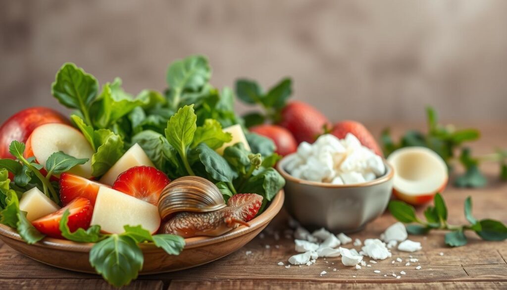 A close-up still life of a selection of natural foods suitable for a snail's diet, arranged on a rustic wooden table. In the foreground, various leafy greens, sliced vegetables, and organic fruits like apples and strawberries sit in a shallow bowl. In the middle ground, a small ceramic dish contains crushed eggshells, providing a calcium-rich supplement. The background features a simple, uncluttered setting with muted natural tones, creating a calm, earthy atmosphere that complements the nutritious snail fare. Soft, diffused lighting gently illuminates the scene, highlighting the vibrant colors and textures of the carefully curated ingredients. A close-up still life of a selection of natural foods suitable for a snail's diet, arranged on a rustic wooden table. In the foreground, various leafy greens, sliced vegetables, and organic fruits like apples and strawberries sit in a shallow bowl. In the middle ground, a small ceramic dish contains crushed eggshells, providing a calcium-rich supplement. The background features a simple, uncluttered setting with muted natural tones, creating a calm, earthy atmosphere that complements the nutritious snail fare. Soft, diffused lighting gently illuminates the scene, highlighting the vibrant colors and textures of the carefully curated ingredients.
