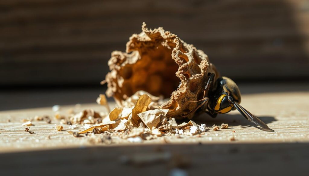 A close-up view of a destroyed wasp nest, its intricate honeycomb structure partially demolished and discarded on a wooden surface. Shreds of the nest's papery exterior cling to the remains, surrounded by scattered debris. The scene is illuminated by soft, diffused natural lighting, casting subtle shadows that highlight the textural details. The focus is sharp, rendering the nest's delicate architecture with precision, while the background is slightly blurred, creating a sense of depth and emphasis on the central subject. The overall mood is one of completion, as the viewer imagines the successful removal of the dangerous hive.