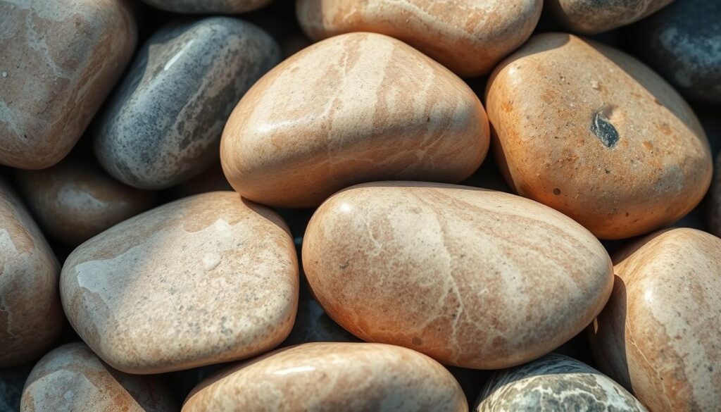 A close-up view of a group of smooth river rocks, their surfaces glistening with a fresh, glossy coating. The rocks are arranged in a visually appealing, natural-looking pattern, with a soft, diffused lighting illuminating their varied colors and textures. The image has a serene, tranquil atmosphere, conveying a sense of durability and protection after the rocks have been cleaned and treated. The focus is on the impeccable finish of the impregnated surface, highlighting the long-lasting, effective protection achieved through this particular treatment method.
