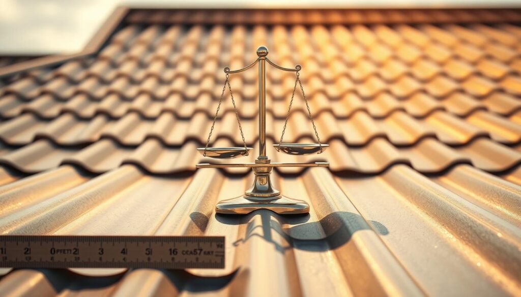 A close-up view of a metal roofing panel, showcasing the cost-effectiveness of different thicknesses and coatings. The foreground features a ruler measuring the panel's depth, highlighting the subtle yet impactful differences in thickness. In the middle ground, a balance scale symbolizes the tradeoff between cost and durability, with the thicker, more expensive panel on one side and the thinner, more affordable option on the other. The background depicts a serene, sun-dappled roof landscape, emphasizing the practical application and long-term performance of the roofing materials. Warm, natural lighting accentuates the textural details of the metal, creating a sense of quality and craftsmanship. The overall composition conveys the careful consideration required when choosing the optimal roofing solution.