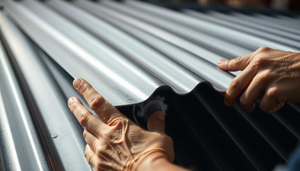 A close-up view of a person's hands securely installing a corrugated metal roofing panel, showcasing the ease of assembly. The panel's trapezoidal profile and metallic sheen are clearly visible, with a focus on the simple interlocking mechanism and the seamless integration of the components. The lighting is soft and diffused, highlighting the tactile nature of the process and the precision required. The background is intentionally blurred, drawing the viewer's attention to the straightforward installation steps. The overall atmosphere conveys a sense of efficiency, reliability, and the confidence that comes with a well-designed roofing system.
