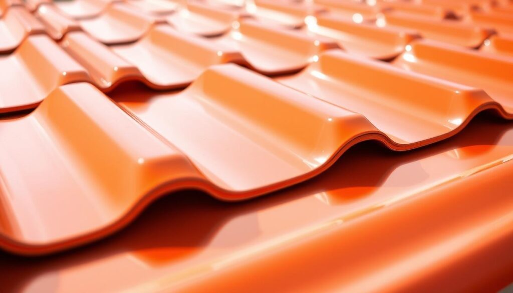 A close-up view of a vibrant, freshly painted metal roofing tile in a warm, inviting color. The surface reflects the sun's rays, creating a soft, even glow. The texture of the paint is smooth and glossy, highlighting its high-quality application. The tile is positioned at a slight angle, allowing the viewer to appreciate its sleek, contemporary design. The lighting is natural and diffused, creating a sense of depth and dimension. The background is blurred, putting the focus squarely on the captivating hue and pristine finish of the roofing material.