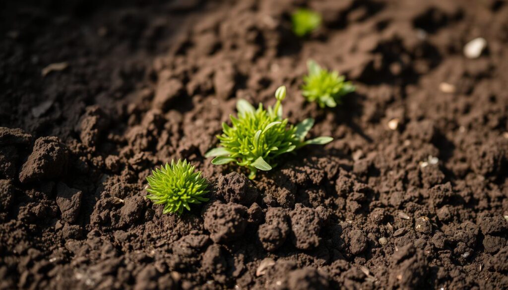 A close-up view of freshly tilled garden soil, exposing its rich, dark brown texture. Delicate moss plants are carefully transplanted into the soil, their vibrant green hues contrasting against the earthy backdrop. Soft, diffused lighting illuminates the scene, casting subtle shadows that accentuate the organic shapes and textures. The image conveys a sense of care and attention to detail in the preparation of the soil, creating an ideal environment for the moss to take root and thrive.