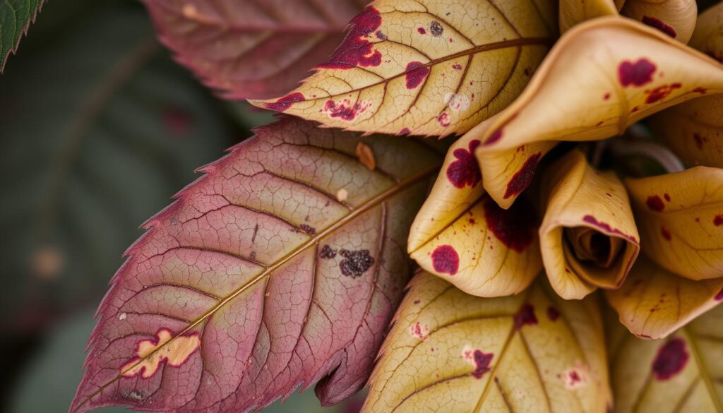 A close-up view of rose leaves affected by fungal diseases, with visible discoloration, spots, and lesions. The image should depict the damage in sharp detail, capturing the textural nuances and the subtle gradients of the diseased foliage. The lighting should be soft and diffused, creating a sense of clinical examination, while maintaining a naturalistic aesthetic. The background should be slightly blurred, keeping the focus on the afflicted roses. The overall mood should convey a sense of concern and the need for careful observation and treatment.