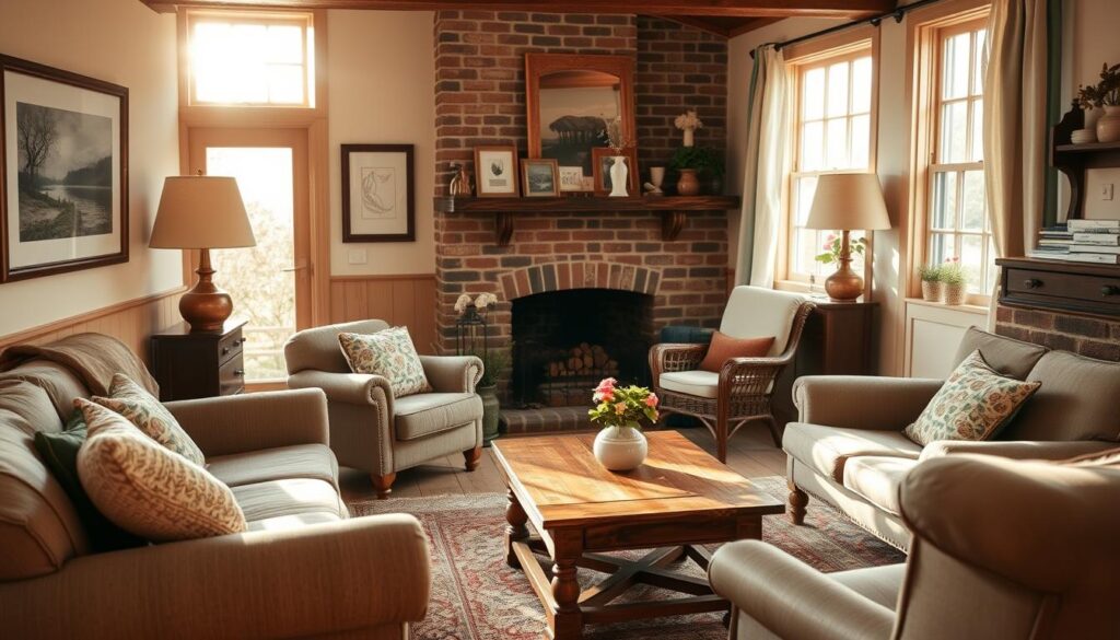 A cozy and charming interior of a rustic country cottage on a plot, bathed in warm, soft natural lighting. The scene showcases a comfortable living room with a plush sofa, an armchair, and a wooden coffee table. The walls are adorned with framed artwork, shelves displaying decorative items, and a brick fireplace in the background. The overall atmosphere is inviting and homely, reflecting the tranquility and simplicity of country living. The furniture and decor are arranged in a thoughtful, uncluttered manner, creating a sense of balance and harmony within the space.