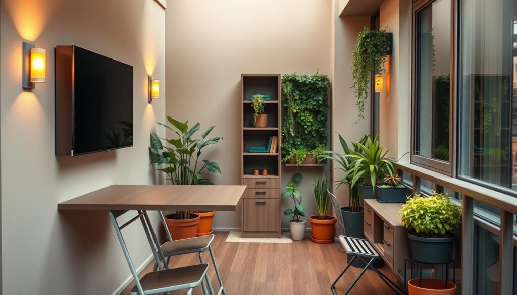 A cozy and compact balcony adorned with a sleek, multifunctional furniture set. In the foreground, a versatile wall-mounted table extends to accommodate dining or work needs, complemented by a pair of slim, foldable chairs that tuck neatly against the wall when not in use. The middle ground features a compact, dual-purpose storage unit, seamlessly integrating shelves and drawers to maximize the limited space. In the background, lush potted plants and a small vertical garden add a touch of nature, creating a serene and relaxing atmosphere. Soft, warm lighting from discreet wall sconces casts a gentle glow, enhancing the cozy ambiance. The entire setup is designed to efficiently utilize the narrow balcony, presenting practical and multifunctional solutions for a comfortable and inviting small-space living experience.