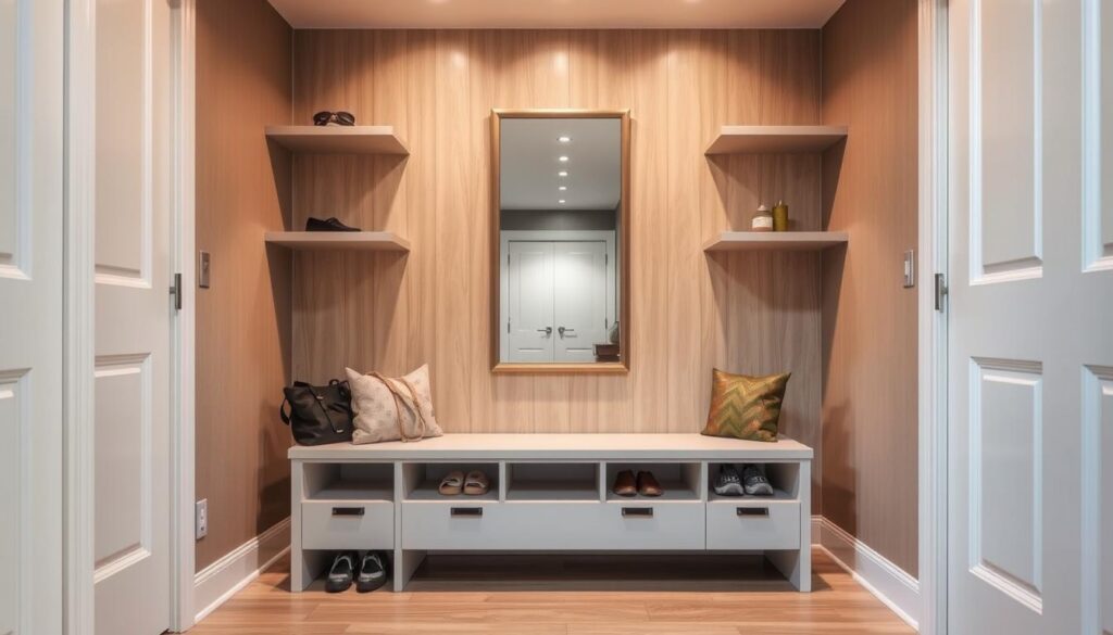 A cozy and functional entryway showcasing a compact yet well-designed layout. In the foreground, a modern, minimalist bench with hidden storage compartments sits beneath a series of floating shelves, providing ample space for storing shoes, bags, and other essentials. The middle ground features a full-length mirror, strategically placed to create the illusion of depth and amplify the sense of space. The background highlights a neutral-toned wallpaper or paneling, complemented by discreet lighting fixtures that emit a warm, inviting glow. The overall atmosphere exudes a harmonious blend of practicality and aesthetic appeal, perfectly suited for a small but meticulously planned entryway.