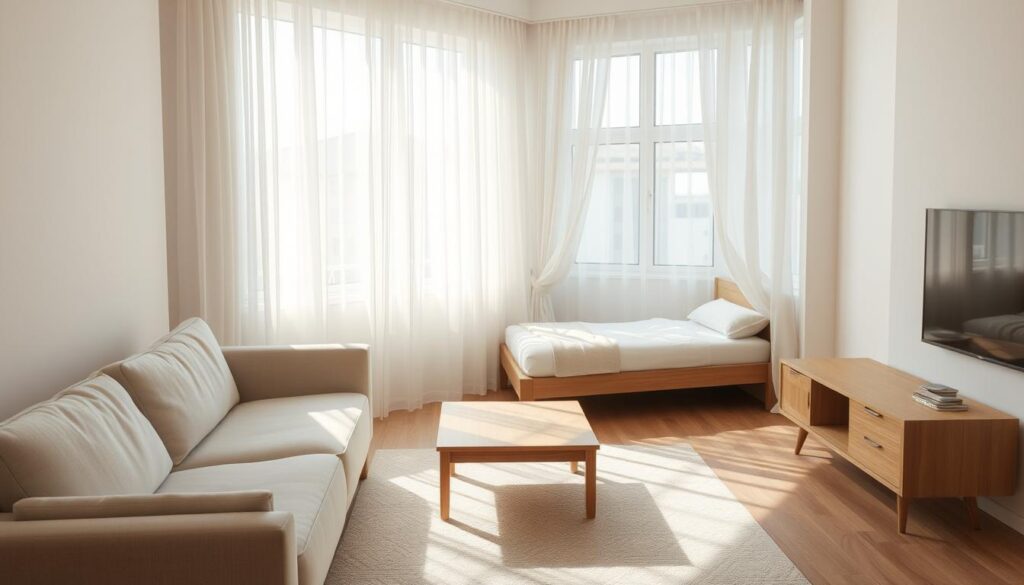 A cozy and intimate bedroom-living room combination in a small 20m2 space. A plush, minimalist sofa with clean lines and soft textures serves as the focal point, complemented by a low, wooden coffee table. Sheer white curtains frame large windows, allowing natural light to spill in and create a bright, airy atmosphere. A modest, sleek bed is situated in the corner, with a nightstand and simple lighting to maintain a sense of privacy and tranquility. Subtle, warm-toned wood accents throughout the space provide visual harmony. The overall mood is one of refined simplicity, allowing the limited square footage to feel open and inviting.