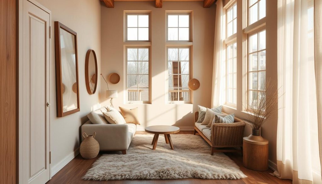 A cozy and inviting 2x3 meter room, bathed in warm, natural light filtering through large windows. The walls are painted in a soft, neutral palette of beige and ivory, complemented by natural wood accents and plush, textured fabrics in earthy tones. The room features a mix of modern and rustic furnishings, including a low-profile sofa, a small side table, and a plush area rug. Strategically placed mirrors reflect the light, creating an illusion of depth and spaciousness. The overall atmosphere is one of comfort and serenity, designed to make the most of the limited square footage and visually expand the space.